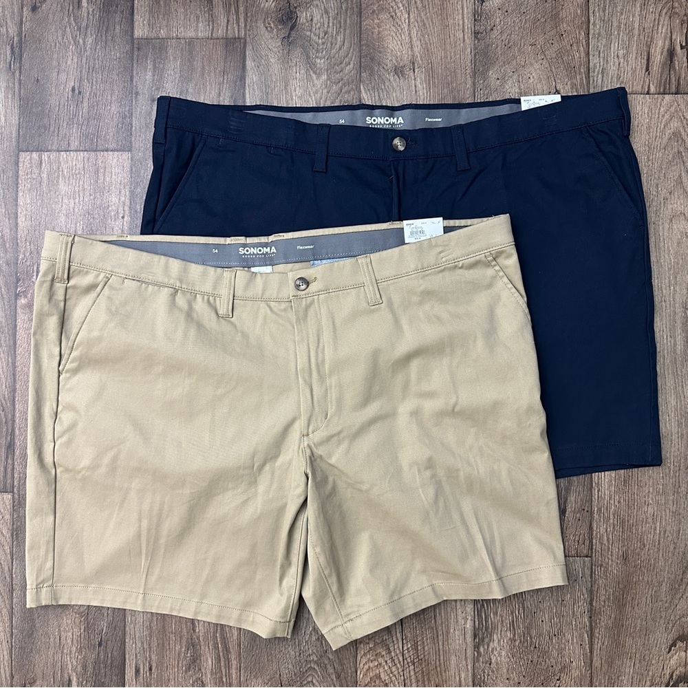 Sonoma Flexwear Flat Front Cotton Shorts 2 pc Bundle Size 54 Blue Tan